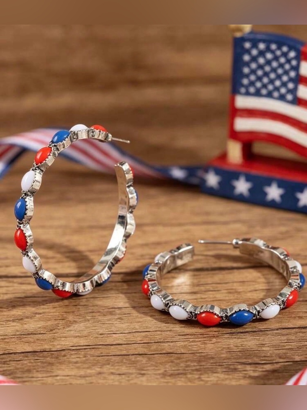Patriotic Red White Blue Beaded Hoop Earrings Western Earrings 4th of July